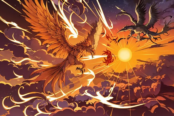 masterpiece, <lora:Shie_Nanahara-49:1>
Shie_Nanahara,no humans, monster, phoenix, fire, sun, sky, sunset, sky, flying