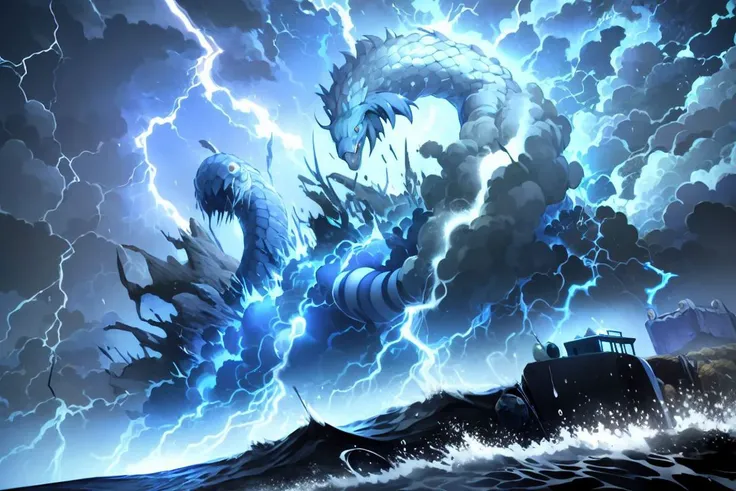 masterpiece, <lora:Shie_Nanahara-49:1>
Shie_Nanahara,no humans, ocean, blue snake, monster, clouds, storm, (lightning), water drop, nights