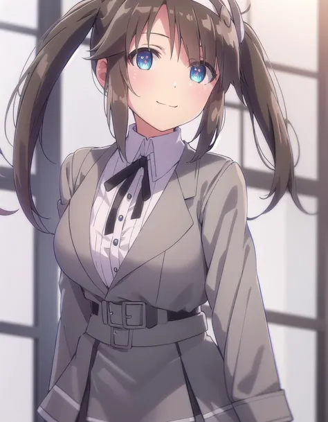 skminori, <lora:sk minori s1-lora-nochekaiser:1>,
minori, long hair, bangs, blue eyes, brown hair, hair ornament, long sleeves, twintails, sidelocks, hairband, white hairband,
BREAK skirt, shirt, long sleeves, school uniform, pantyhose, pleated skirt, belt, miniskirt, black pantyhose, black ribbon, neck ribbon, buttons, grey skirt, grey jacket,
BREAK indoors, classroom,
BREAK looking at viewer, (cowboy shot:1.5), smile,
BREAK <lyco:GoodHands-beta2:1>, (masterpiece:1.2), best quality, high resolution, unity 8k wallpaper, (illustration:0.8), (beautiful detailed eyes:1.6), extremely detailed face, perfect lighting, extremely detailed CG, (perfect hands, perfect anatomy),