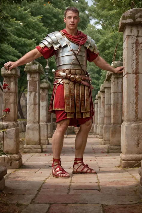 standing on a Roman road, aquaduct in the background, DustinKane is wearing loriseg armor, (red tunic), (red shirt), (sandals), slight smile, holding sword, (((full body portrait))), full body, wide angle, (facing viewer) <lora:loriseg:0.7> <lora:fantrome_v3:0.60> <lora:DustinKane:0.8>