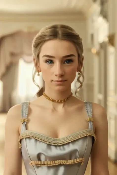 a naturally beautiful woman, in a quaint dress, in a stunning ballroom, [blonde], [candid:0.5, amateur:0.5], 8K, RAW, UHD, perfect face, clear eyes, upper body, close up <lora:eloiseSmyth:1>