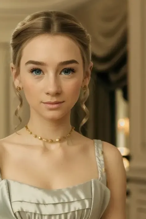 a naturally beautiful woman, in a quaint dress, in a stunning ballroom, [blonde], [candid:0.5, amateur:0.5], 8K, RAW, UHD, perfect face, clear eyes, close up <lora:eloiseSmyth:1>