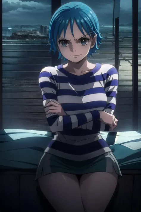 a girl,(smile:1.3), AnnRomanceDawn, sitting on bed, striped shirt <lora:AnnRomanceDawn:0.85>