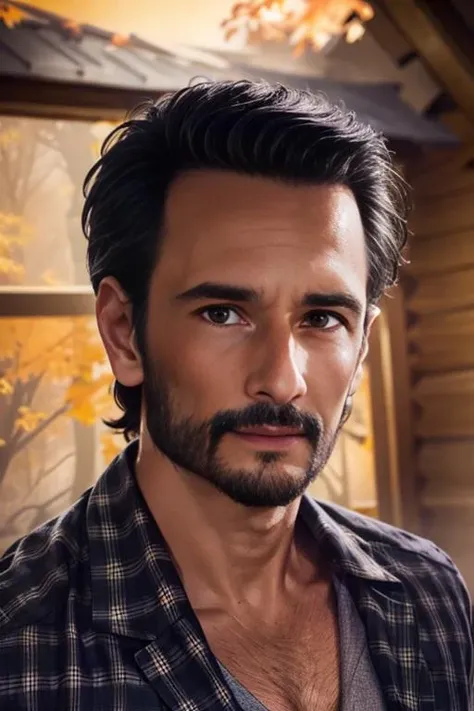 photo of rod person, male, medium shot, plaid shirt, cozy, cabin, fall vibes, high contrast, wearing black tie, medium shot, detailed face, masterpiece, professional lighting , medium shot <lora:RodrigoSan-000001:1>