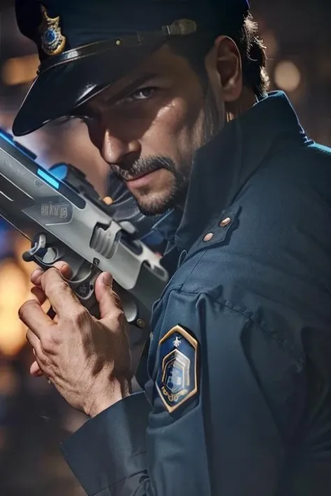 photo of rod person, male, ((holding a gun:1.2)), dressed as a police officer,masterpiece, cinematic lighting, shallow depth of field, sharp focus, HDR, 4k resolution,  <lora:RodrigoSan-000001:1>   <lora:GoodHands-beta2:1>