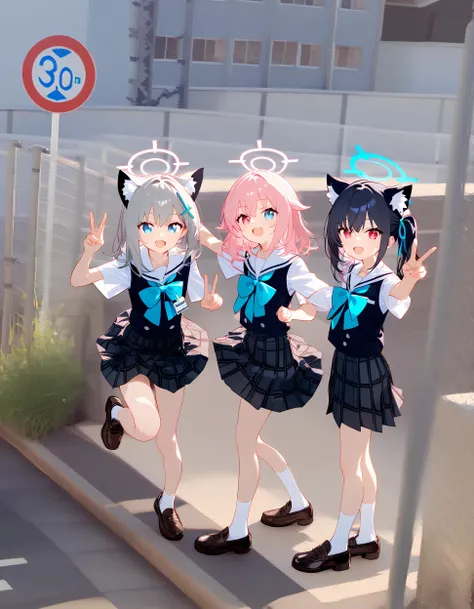 masterpiece,best quality,
ultra detailed, highres,4k,(ultra-detailed:1.4) (illustration:0.5), (ray tracing,:0.8),(anime colored:0.7),
girl#1,hoshino_(blue_archive),Different pupil,(Silly hair:1.2),pink hair,pingk halo,disheveled hair,
BREAK,
girl#2,serika_(blue_archive),red eyes,black hair,(cat ears:1.05),red halo,side ponytail,
BREAK,
girl#3,shiroko_(blue_archive),bule eyes,grey hair,(cat ears:1.05),bule halo,medium hair,
BREAK,
smile,school uniform,
<lora:googlecarmemeXL1:1>,googlecarmeme,
multiple girls, 3girls,outdoors,sign,road, road sign,city,
v,standing on one leg,arm up,
<lora:a31_style_koni:0.6>,<lora:nai3animation_v2.6_sanstans-000075:0.3>,<lora:outline_xl_kohaku_delta_spv5x:0>,<lora:ã¨ããã«ãExpressive_H-000001:1>,