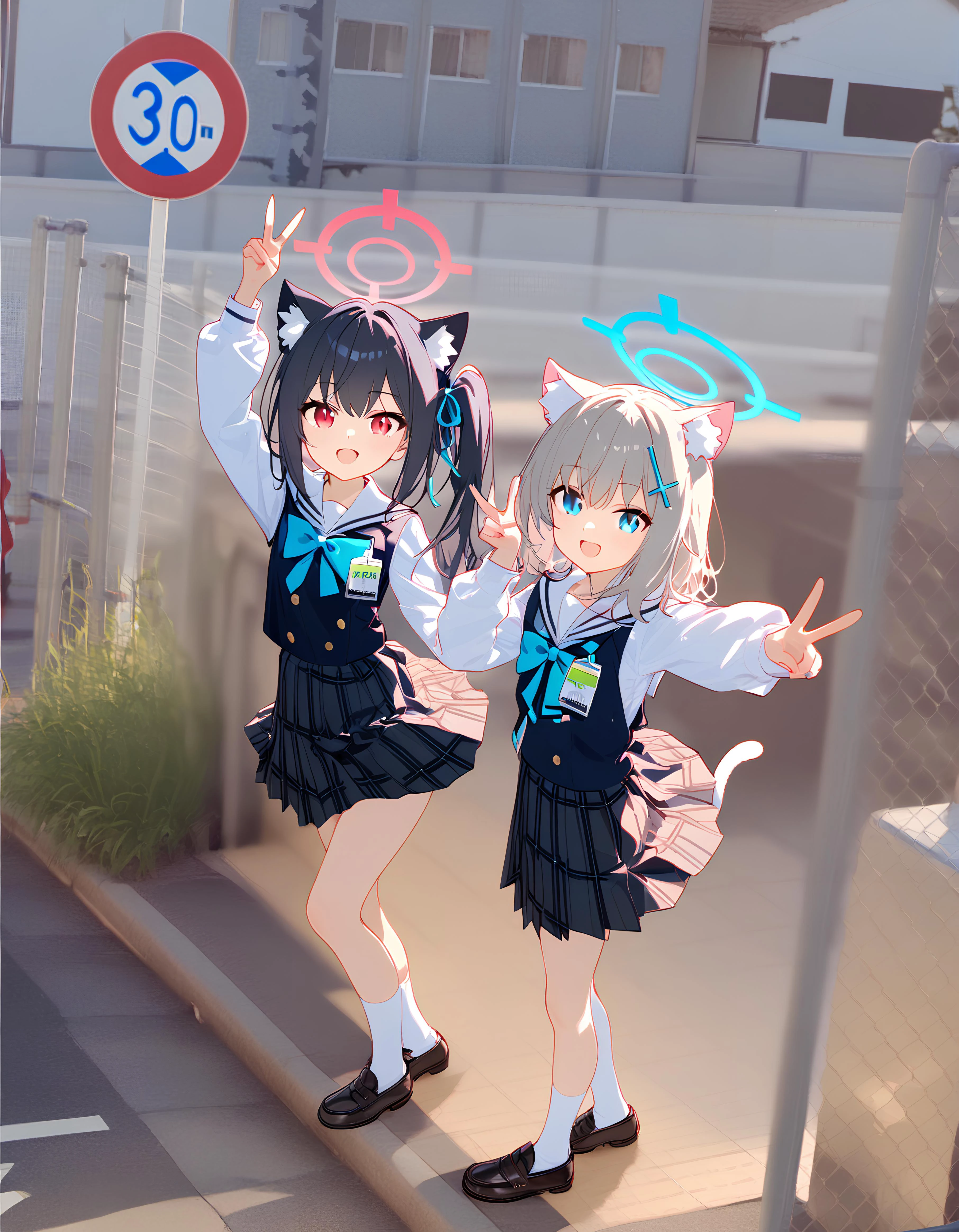 masterpiece,best quality,
ultra detailed, highres,4k,(ultra-detailed:1.4) (illustration:0.5), (ray tracing,:0.8),(anime colored:0.7),
girl#1,hoshino_(blue_archive),Different pupil,(Silly hair:1.2),pink hair,pingk halo,disheveled hair,
BREAK,
girl#2,serika_(blue_archive),red eyes,black hair,(cat ears:1.05),red halo,side ponytail,
BREAK,
girl#3,shiroko_(blue_archive),bule eyes,grey hair,(cat ears:1.05),bule halo,medium hair,
BREAK,
smile,school uniform,
<lora:googlecarmemeXL1:1>,googlecarmeme,
multiple girls, 3girls,outdoors,sign,road, road sign,city,
v,standing on one leg,arm up,
<lora:a31_style_koni:0.6>,<lora:nai3animation_v2.6_sanstans-000075:0.3>,<lora:outline_xl_kohaku_delta_spv5x:0>,<lora:ã¨ããã«ãExpressive_H-000001:1>,