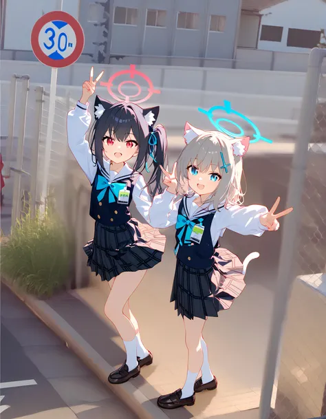 masterpiece,best quality,
ultra detailed, highres,4k,(ultra-detailed:1.4) (illustration:0.5), (ray tracing,:0.8),(anime colored:0.7),
girl#1,hoshino_(blue_archive),Different pupil,(Silly hair:1.2),pink hair,pingk halo,disheveled hair,
BREAK,
girl#2,serika_(blue_archive),red eyes,black hair,(cat ears:1.05),red halo,side ponytail,
BREAK,
girl#3,shiroko_(blue_archive),bule eyes,grey hair,(cat ears:1.05),bule halo,medium hair,
BREAK,
smile,school uniform,
<lora:googlecarmemeXL1:1>,googlecarmeme,
multiple girls, 3girls,outdoors,sign,road, road sign,city,
v,standing on one leg,arm up,
<lora:a31_style_koni:0.6>,<lora:nai3animation_v2.6_sanstans-000075:0.3>,<lora:outline_xl_kohaku_delta_spv5x:0>,<lora:ã¨ããã«ãExpressive_H-000001:1>,