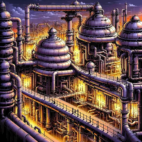 8k,best quality,masterpiece,industrial pipe,no humans,scenery,night,steampunk city scene,2d game scene,