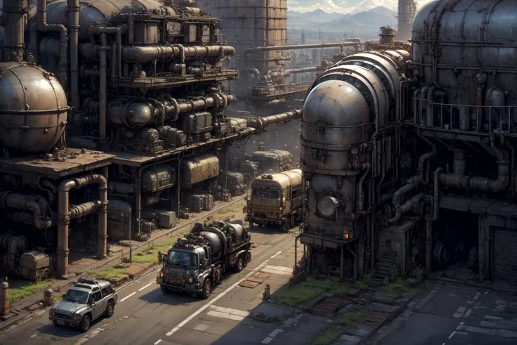 highres, 8k, futuristic city block, cars, road, <lora:Industrial punk architecture:0.6> steampunk city scene, industrial pipe, slightly above