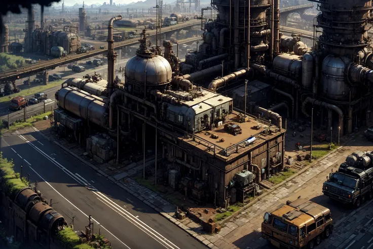 highres, 8k, futuristic city block, cars, road,  <lora:Industrial punk architecture:0.6> steampunk city scene, industrial pipe, slightly above