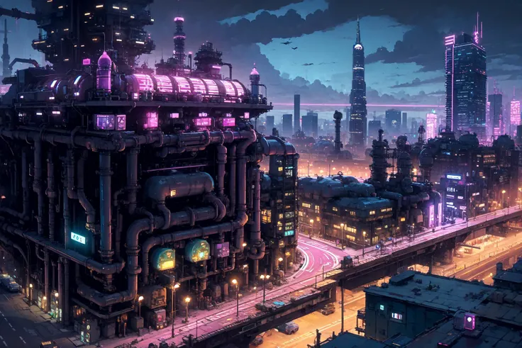 highres, 8k, futuristic city block, skyscrapers, (cars:0.2), road, cyberpunk, (neon lights:0.6), <lora:Industrial punk architecture:0.3> steampunk city scene, industrial pipe, (from above:0.8) <lora:more_details:-0.5>