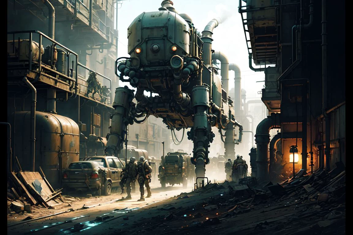 (masterpiece, best quality, ultra detailed), scifi, future, wasteland, hard surface, mecha \\\(flegs\\\), <lora:quadruped mechasV2:0.8>, non-humanoid robot, industrial mecha, <lora:leco_spider_tank_v20:0.8>, industrial pipe, plant, steampunk city scene, <lora:å·¥ä¸è¸æ±½:0.6>, operator, coveralls, fogy,