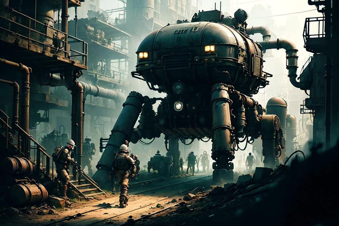 (best quality, ultra detailed), scifi, future, mecha \\\(flegs\\\), <lora:quadruped mechasV2:0.8>, non-humanoid robot, industrial mecha, <lora:leco_spider_tank_v20:0.8>, industrial pipe, plant, steampunk city scene, <lora:å·¥ä¸è¸æ±½:0.6>, operator, coveralls,