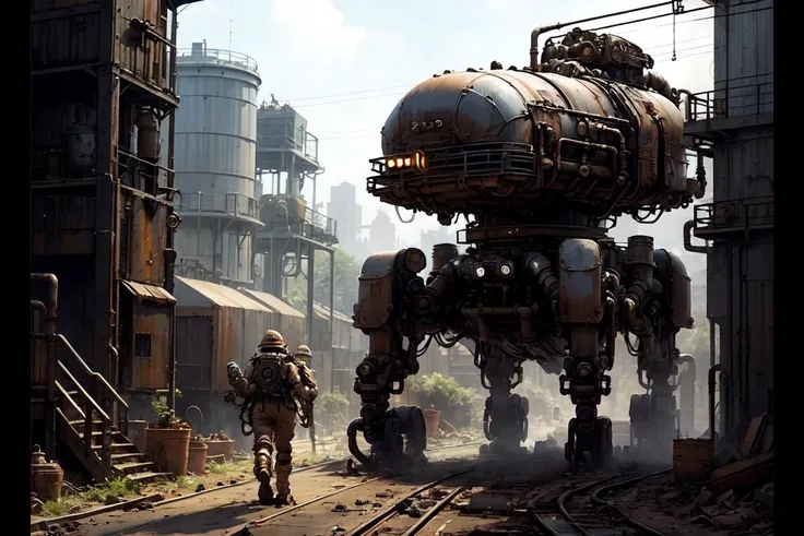 (best quality, ultra detailed), scifi, future, mecha \\\(flegs\\\), <lora:quadruped mechasV2:0.8>, non-humanoid robot, industrial mecha, <lora:leco_spider_tank_v20:0.8>, industrial pipe, plant, steampunk city scene, <lora:å·¥ä¸è¸æ±½:0.6>, operator, coveralls,