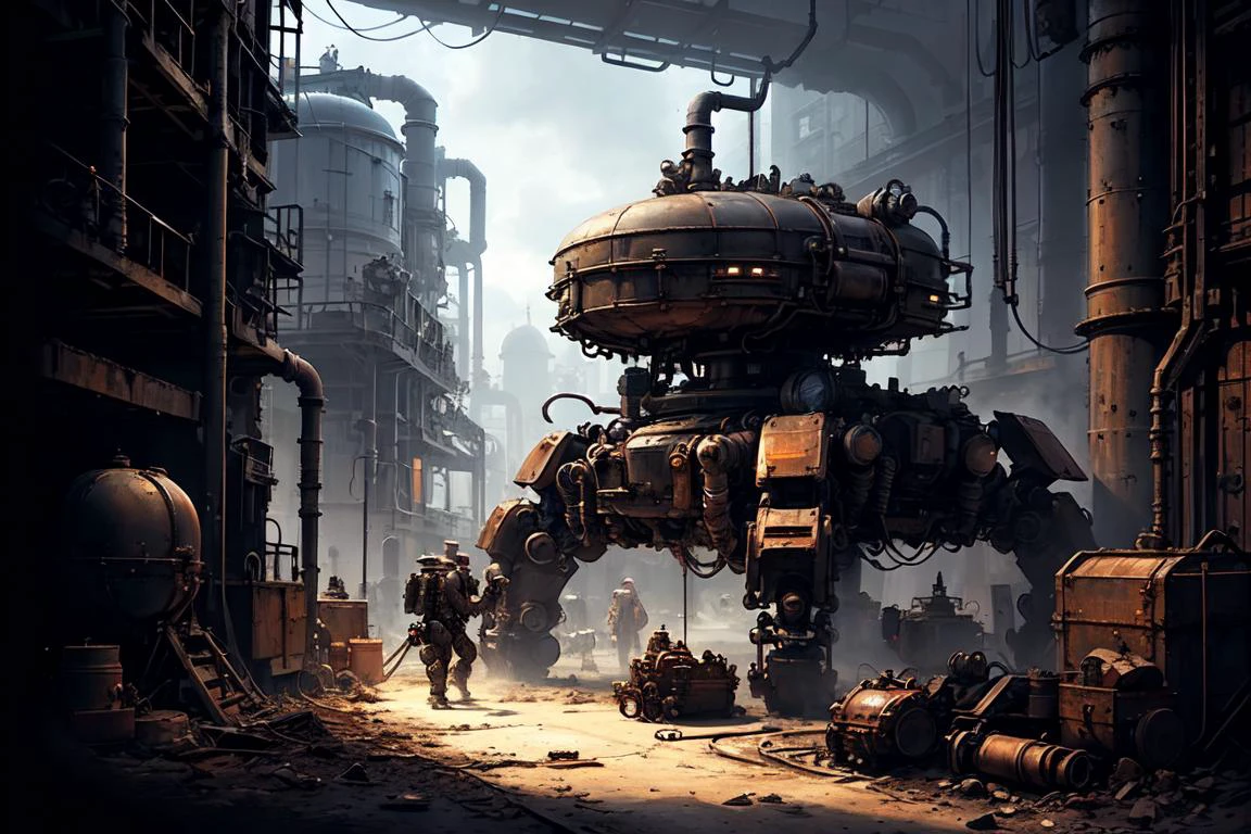 (masterpiece, best quality, ultra detailed), scifi, future, mecha \\\(flegs\\\), <lora:quadruped mechasV2:0.8>, non-humanoid robot, industrial mecha, <lora:leco_spider_tank_v20:0.8>, industrial pipe, plant, steampunk city scene, <lora:å·¥ä¸è¸æ±½:0.6>, operator, coveralls,
