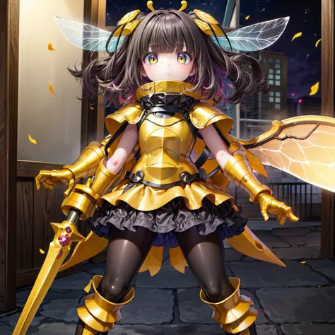 ((best quality)), ((highly detailed)), absurdres, extremely detailed face, beautiful face, (detailed eyes, deep eyes), <lora:more_details:.4>, (1girl), <lora:age_slider_v2:-3.5>, dynamic pose, upper body, <lora:hairdetailer:.7>, (((bee girl))), ð, colored skin, coal black colored skin, (black hair, <lora:conceptColoredInner_v10:1>, yellow colored inner hair), honey yellow eyes, fur, (arthropod girl), ((antennae)), (bee wings), (symmetrical wings), (carapace), <lora:ExtraArms:.9>, ExtraArms, extra arms, (arthropod limbs), wide hips, beehive, honey, honeycomb (pattern), hexagons, fur-trimmed clothes, black and yellow clothes, soldier, expressionless, holding a mace (weapon), shoulder_armor, gauntlets, armor, covered hips, armored skirt, greaves, armored boots, medium hair, medium breasts, standing, inside, in a gateway, (inside, in an office, desk)