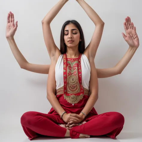 from the front, facing the camera, candid, RAW photo, (a sexy pakistani woman, EXTRAARMS, EXTRA ARMS, sitting, lotus position, kali, arms out, arms up, hands up, multiple arms, open hands meditation), (white background) , 8k uhd, dslr, soft lighting, high quality, film grain, Fujifilm XT3, <lora:ExtraArms:1>