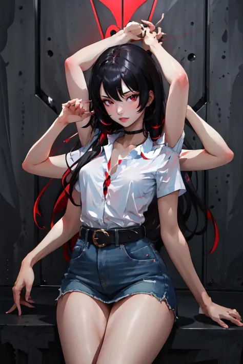 Highly detailed, High Quality, Masterpiece, beautiful, 1girl, ExtraArms, <lora:ExtraArms:1.0>, Nevin, red eyes, white shirt, <lora:Char_OC_Nevin:0.75>, black hair,