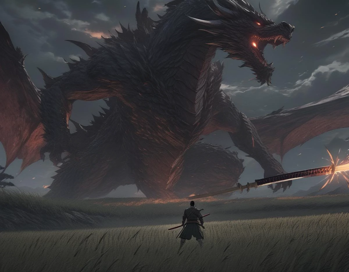 (Anime sharp lines, crisp lineart),, Climactic scene, a samurai with his katana standing in a field facing a distant giant dragon creature with a demonic face, glowing eyes, two outstretched wings, scaled muscular arms sharp claws, ready to start fight, intense scene, fire and air flows, 8k ultrafine detail, attack on titan style, masterpiece, cinematic,(size difference),