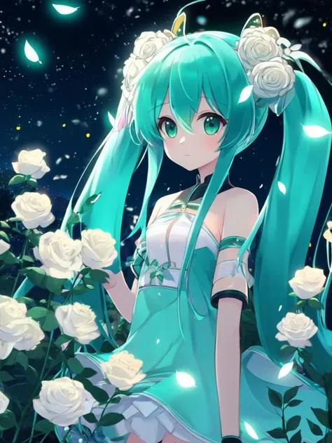 cute, kawaii, 1girl, beautiful detailed eyes, blush, mouth,
face focus, 1girl, hatsune miku, white roses, petals, night background, fireflies, light particle, solo, aqua hair with twin tails, aqua eyes, standing, pixiv, depth of field, cinematic composition, best lighting, looking up