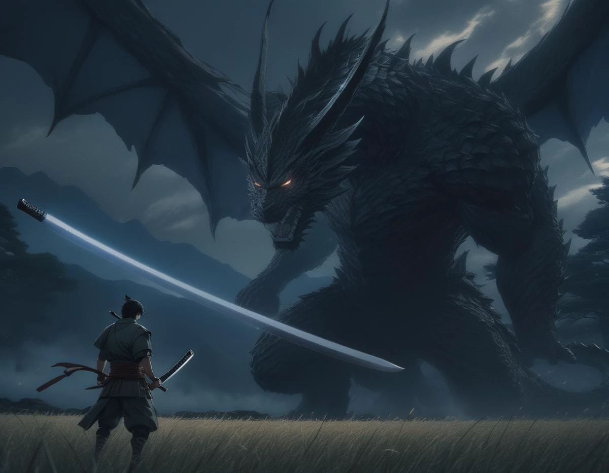 (Anime sharp lines, crisp lineart),, Climactic scene, a samurai with his katana standing in a field facing a distant giant dragon creature with a demonic face, glowing eyes, two outstretched wings, scaled muscular arms sharp claws, ready to start fight, intense scene, fire and air flows, 8k ultrafine detail, attack on titan style, masterpiece, cinematic,(size difference),