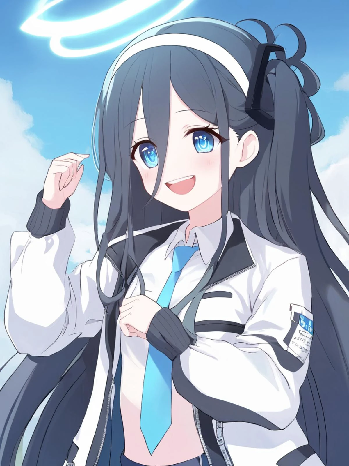 1girl, solo, very long hair, cowboy shot, halo, shirt, hair between eyes, jacket, one side up, blue necktie, collared shirt, hairband, smile, black hairband, open mouth, white shirt, long sleeves, white jacket, open clothes
<lora:aris_lora (1e-5):0.9>