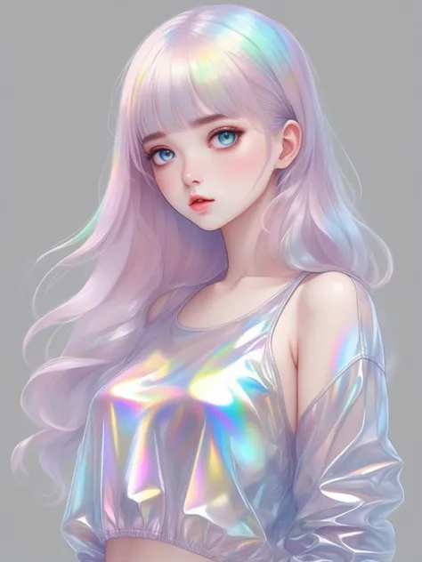 transparent color PVC clothing, transparent color vinyl clothing, prismatic, holographic, chromatic aberration, fashion illustration, masterpiece, girl with harajuku fashion, looking at viewer, 8k, ultra detailed, pixiv, beautiful face