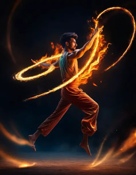 ((Immersive)), ((4K)), ((Captivating)), ((Magnificent)), ((Extraordinary)), ((Enchanting)), fantasy, (1man Fire Dancer:1.4), Flames, Graceful, raw photo, Untouched photo, RAW Image, Original photo, waning light, Weakening glow, Declining light, Fading illumination, Shallow depth of field, Zoom lens, Fast lens, (Anime sharp lines, crisp lineart),