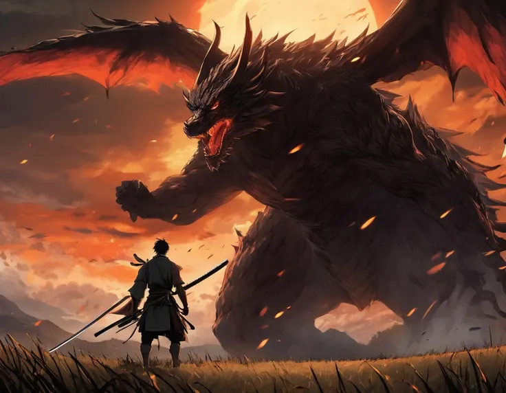 (Anime sharp lines, crisp lineart),, Climactic scene, a samurai with his katana standing in a field facing a distant giant dragon creature with a demonic face, glowing eyes, two outstretched wings, scaled muscular arms sharp claws, ready to start fight, intense scene, fire and air flows, 8k ultrafine detail, attack on titan style, masterpiece, cinematic,(size difference),