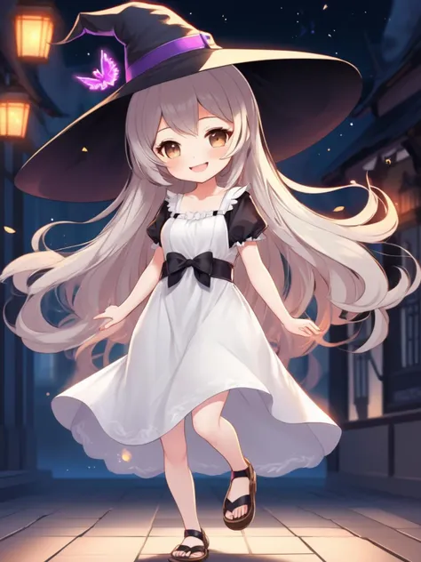 (((masterpiece))), ((dynamic hair)), illustration, ((cinematic light)), ultra detailed, 8k wallpaper, (1girl), (solo), chibi, witch hat, white dress, arms behind back, from front, smile, closed eyes, clenched teeth, sandals