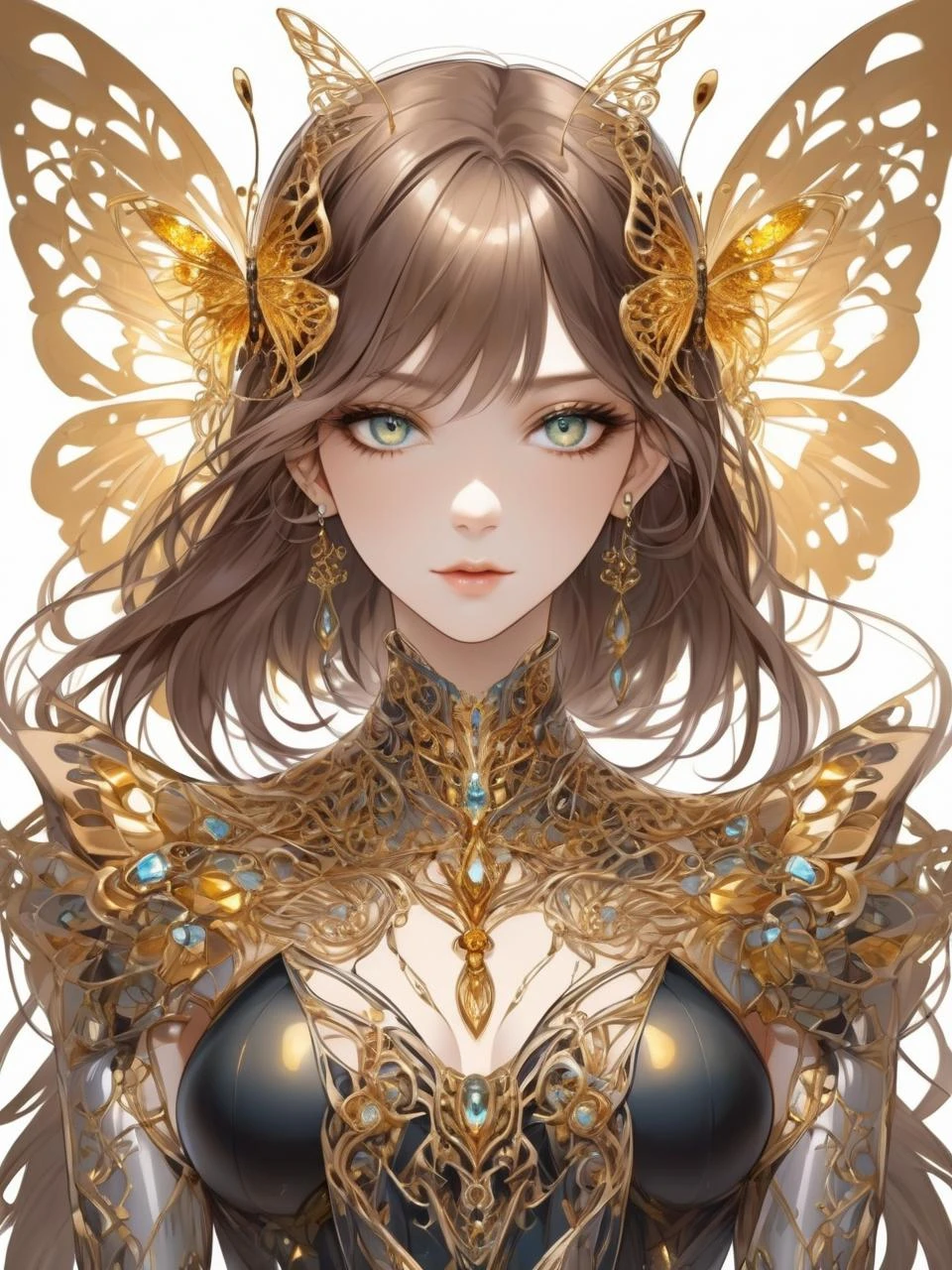 portrait of beautiful cyborg with brown hair, elegant, majestic, surreal painting gold butterfly filigree, broken glass, (masterpiece, sidelighting, finely detailed beautiful eyes: 1.2)
