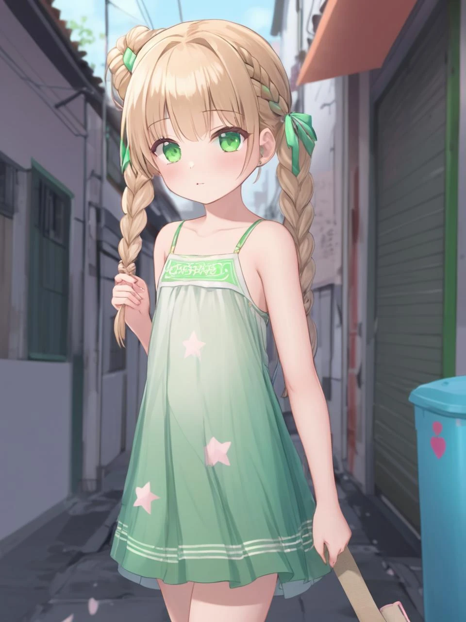 high resolution, highres, absurdres, extremely delicate and beautiful, ultra detailed, perfect details,shiny skin, , Ray Tracing, Global Illumination, (wide shot:1.4), 1girl, green eyes, solo, bandaid on leg, sandals, full body, twin braids, looking at viewer, holding doll, bandaid on knee, dirty, blush, blonde hair, closed mouth, standing, dirty clothes, female , bangs, aged down, injury, long hair, dress, collarbone, bandaid on arm, outdoors, a dreary evening back alley