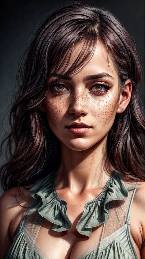 Closeup photo portrait of beautiful lady, freckles, dark makeup, muted colors, epic character composition, frontal view, atmospheric scene, masterpiece, best quality, (detailed beautiful face, detail skin texture, ultra-detailed body:1.1), diffused lighting