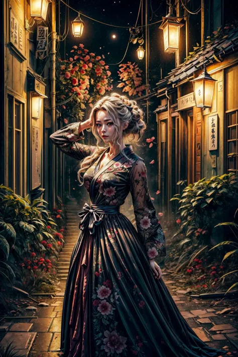 a photorealistic art of 1girl reyna from valorant <lora:reyna-v2:1> in elegant black long dress on japanese traditional festival with colorful lanterns on midnight,happy corwd around,(photorealistic digital art:1.2),dramatic lights,half body shot with detailed background,(ultradetailed:1.1),perfect face,(masterpiece:1.3), <lora:improve_backgrounds:1> best quality, 8k, wallpaper, (intricated details:1.2),