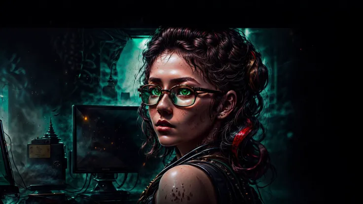 an awarded photo of 1 girl with greek beauty, she has small nose and delicate freckles, alabaster white skin with big green eyes and black brows and black long wawing  hairstyle with bloody red  highlights, posing to time magazine in dungeon computer center, dynamic pose,perfect quality masterpiece, ultradetailed, ultrasharp, best quality, photorealistic, cinematic lights, half body shot, realistic photography, analog photography, looks like real, boekh, deep of field, <lora:rMadArt3_NoiseOffset:1> <lora:WitchcraftPunkAI:1> with elegant golden cyber glasses with display and cmatrix