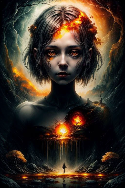 ajanicki brlla In the depths of the amber, a dark and mysterious world unfolds, where a surreal death girl with eyes of liquid gold wanders, lost in the amber's enigmatic dreamscape surrealistic <lora:ajanicki:0.8> <lora:brlla1:1>