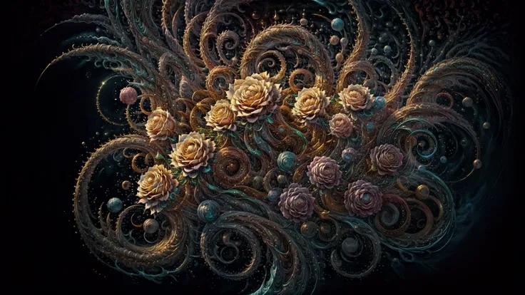 digital art, fractal swiryl with julia n effects , fantasy shapes gold flora elements , perfect quality golden roses and rare gems and kyrstals , colorfull intricate details , <lora:rMadArt3_NoiseOffset:1>, <lora:IvoryGoldAIv2:1>, small details, abstraction style-swirlmagic