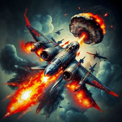 flying plane with fire and an atomic mushroom far away behing wild angle flying above a destroy city