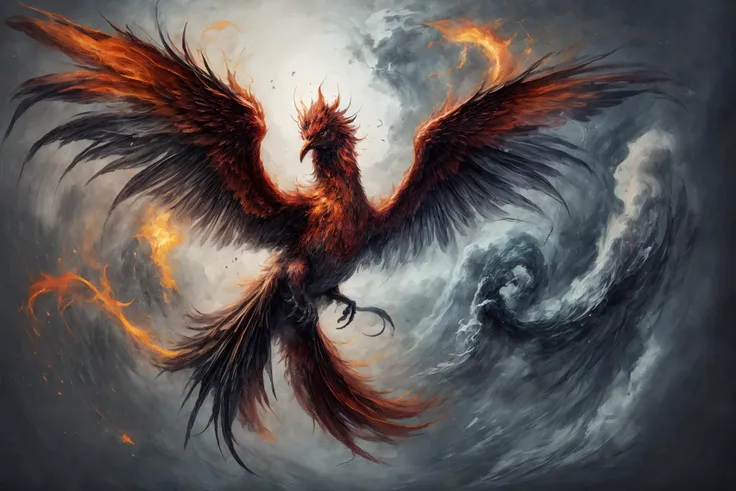 flight, size of an island (fiery:1.2) looking mythical creature, fantasy, auspicious (vermilion bird:1.2), "multicolored_tail", colosal