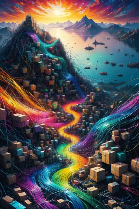 a chaotic mess of colorful wires connecting a dense array of colorful shiny boxes, forming the shape of a landscape, a lake made of wires and boxes