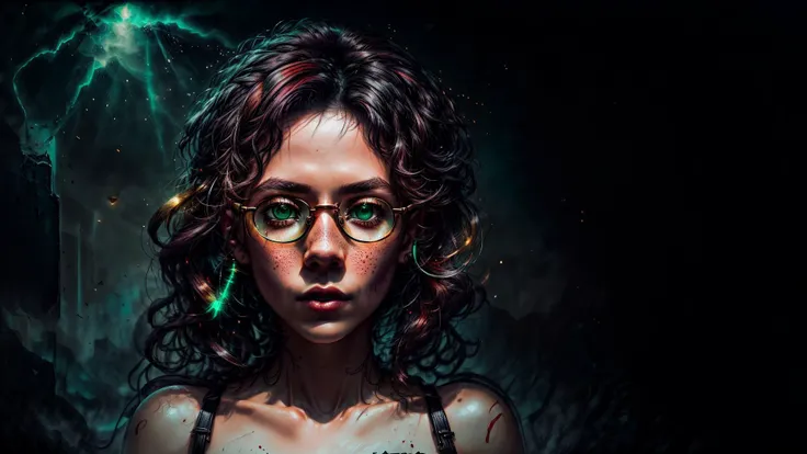 an awarded photo of 1 girl with greek beauty, she has small nose and delicate freckles, alabaster white skin with big green eyes and black brows and black long wawing hairstyle with bloody red highlights, posing to time magazine in dungeon computer center, dynamic pose,perfect quality masterpiece, ultradetailed, ultrasharp, best quality, photorealistic, cinematic lights, half body shot, realistic photography, analog photography, looks like real, boekh, deep of field, <lora:rMadArt3_NoiseOffset:1> <lora:WitchcraftPunkAI:1> with elegant golden cyber glasses with display and cmatrix