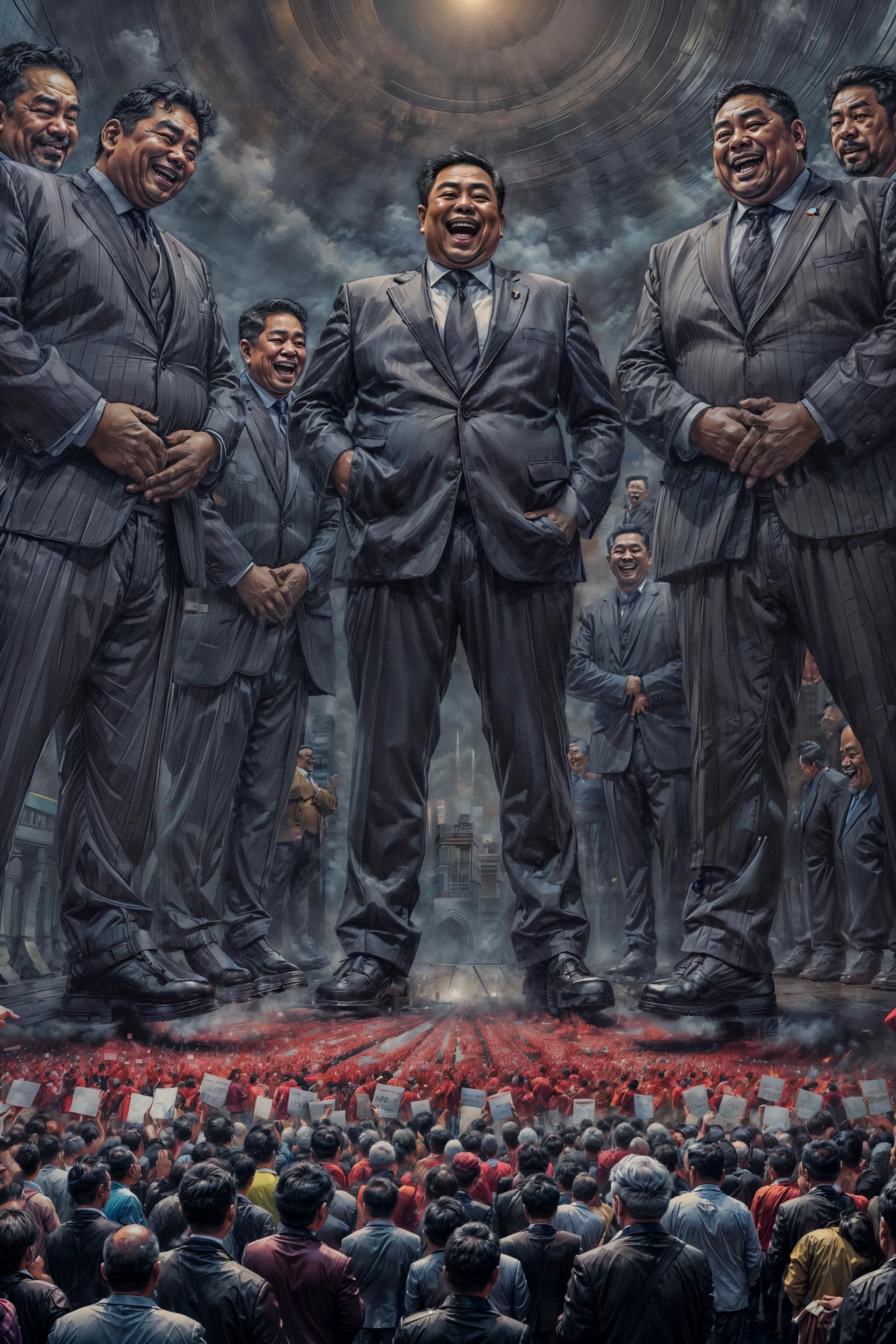(( group of a huge giant fat bad thai politician laugh, hands on hips, wearing black suit)), gtscity, ( man eye view ),perspective, black shoes, standing against the hundred people on his feet, in the city, absurd, surrealism, <lora:GTSv5:1>, <lora:CineStyle5:0.3>, thailand background,