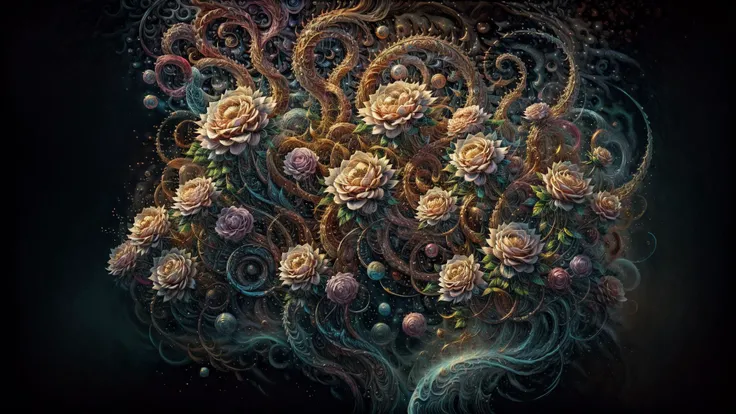 digital art, fractal swiryl with julia n effects , fantasy shapes gold flora elements , perfect quality golden roses and rare gems and kyrstals , colorfull intricate details , <lora:rMadArt3_NoiseOffset:1>, <lora:IvoryGoldAIv2:1>, small details, abstraction style-swirlmagic