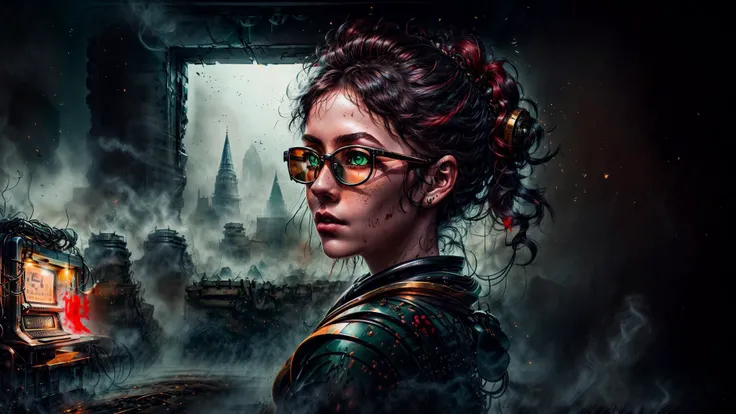 an awarded photo of 1 girl with greek beauty, she has small nose and delicate freckles, alabaster white skin with big green eyes and black brows and black long wawing hairstyle with bloody red highlights, posing to time magazine in dungeon computer center, dynamic pose,perfect quality masterpiece, ultradetailed, ultrasharp, best quality, photorealistic, cinematic lights, half body shot, realistic photography, analog photography, looks like real, boekh, deep of field, <lora:rMadArt3_NoiseOffset:1> <lora:WitchcraftPunkAI:1> with elegant golden cyber glasses with display and cmatrix