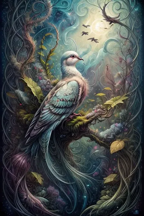 centered, triadic colors, best quality, a close up highly detailed Dove, moss, ferns, rowanberries, highly detailed glittering scales, by Craola, Dan Mumford, Andy Kehoe, 2d, flat, cute, adorable, vintage, art on a cracked , fairytale, storybook detailed illustration, cinematic, ultra highly detailed, tiny details, beautiful details, mystical, luminism, vibrant colors, complex background,more detail XL