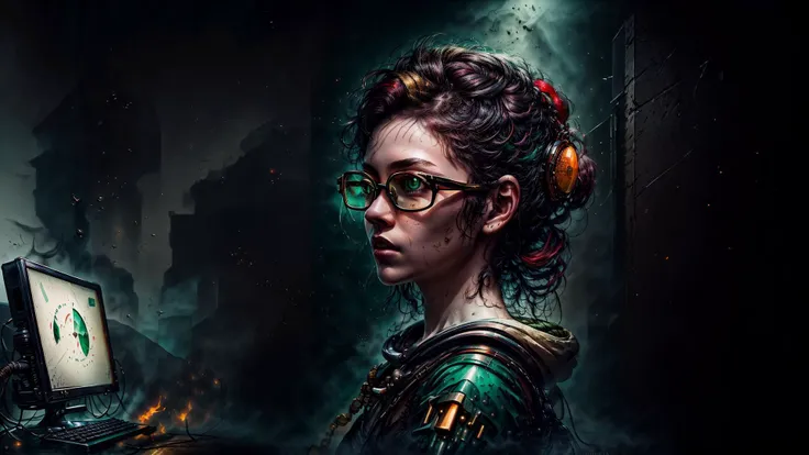 an awarded photo of 1 girl with greek beauty, she has small nose and delicate freckles, alabaster white skin with big green eyes and black brows and black long wawing hairstyle with bloody red highlights, posing to time magazine in dungeon computer center, dynamic pose,perfect quality masterpiece, ultradetailed, ultrasharp, best quality, photorealistic, cinematic lights, half body shot, realistic photography, analog photography, looks like real, boekh, deep of field, <lora:rMadArt3_NoiseOffset:1> <lora:WitchcraftPunkAI:1> with elegant golden cyber glasses with display and cmatrix