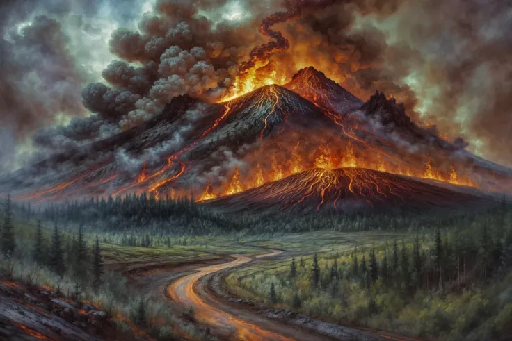 highres, 8k, spiral galaxy on background, forest on fire, volcano, magma flow, lightnings, <lora:PeteMohLargeDataStyle1:1> petemoh, oil painting \(medium\),