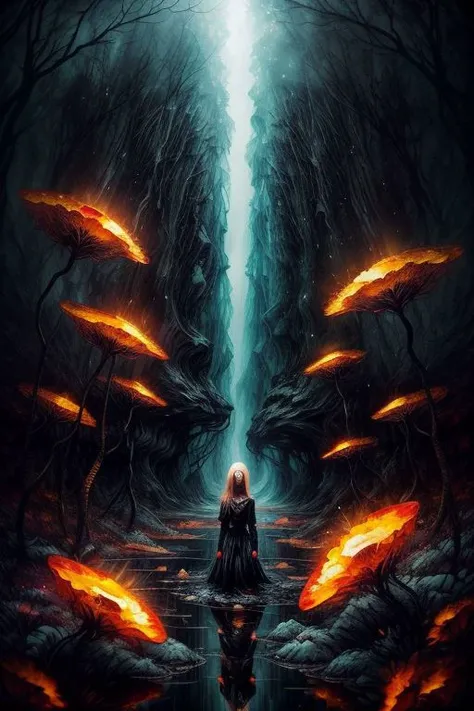 ajanicki brlla In the depths of the amber, a dark and mysterious world unfolds, where a surreal death girl with eyes of liquid gold wanders, lost in the amber's enigmatic dreamscape surrealistic <lora:ajanicki:0.8> <lora:brlla1:1>