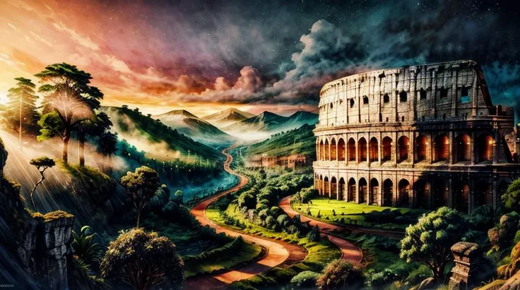 An absurdly unreal fantasy (colosseum made of gold and rainforest and Antarctida) landscape inspired by the best science fiction of the twentieth century, 8k RAW photo, highest quality,
